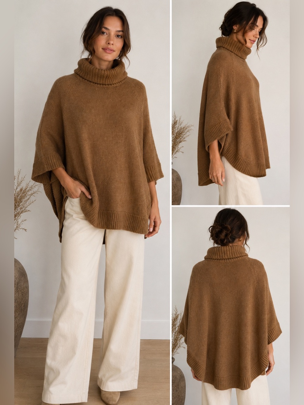 Massimo Dutti Camel Brown Turtleneck Poncho Wool Cashmere Sweater